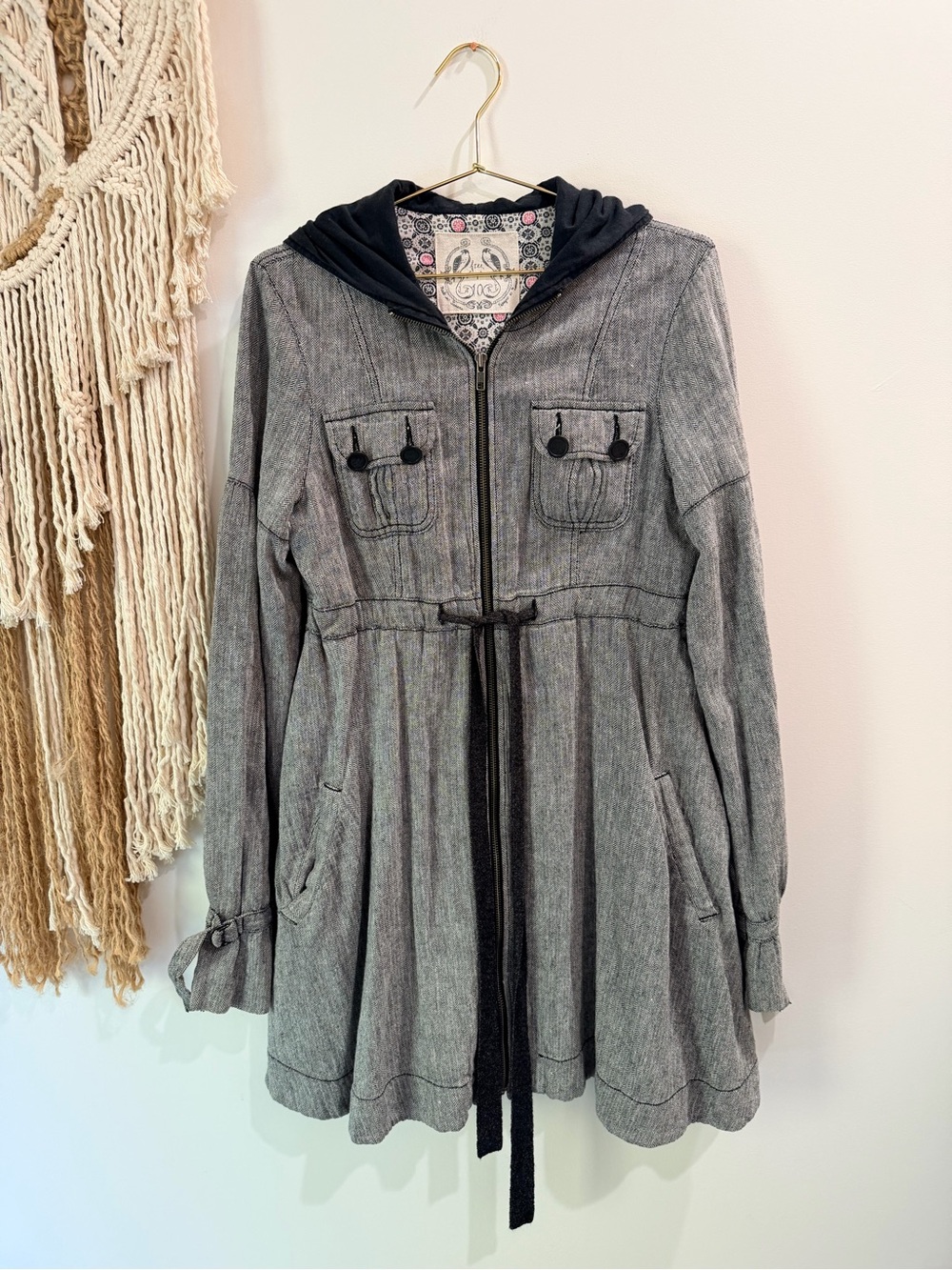 Free People Gray Drawstring Hooded Trench Coat